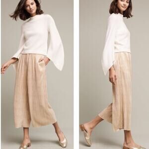 Elevenses Anthro Gold Metallic Gilded Pleated Culottes Pants M Cropped Wide Leg